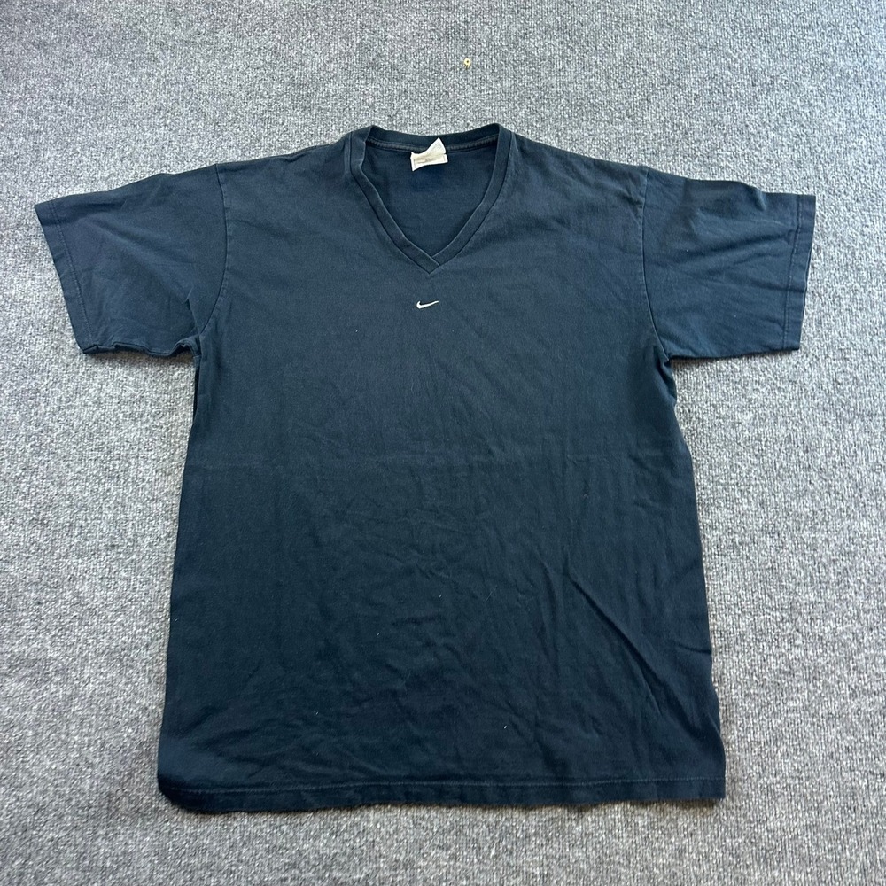 Nike T-Shirt Mens Size L Black V-Neck Center Swoosh Cotton Vintage